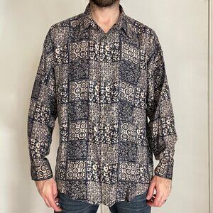 Vintage Chiamare Silk Shirt Men's Large Blue White Abstract Print 80s Relaxed